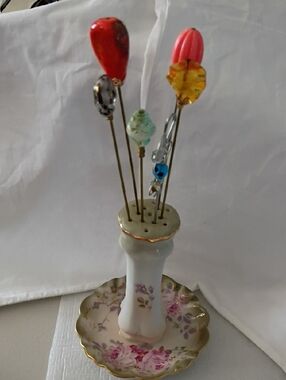 Vintage Porcelain Floral Hatpin Holder with Pink and Gold Accents